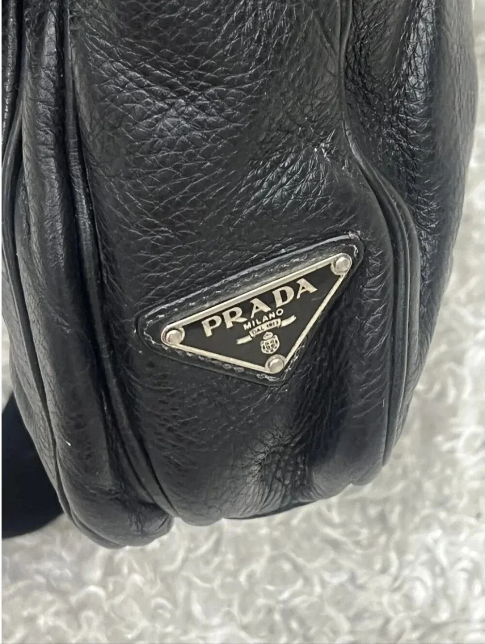 Prada Black Pebbled Leather Messenger Bag with Silver Hardware